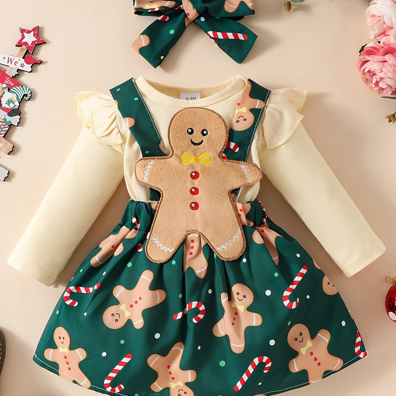 3-Piece Christmas Outfit Set For Baby Girls, 0-1 Year Old, Long Sleeve Romper With Hood, Bib, And Sash, Soft Fabric, Adorable Holiday Dressing, Outdoor Cloth