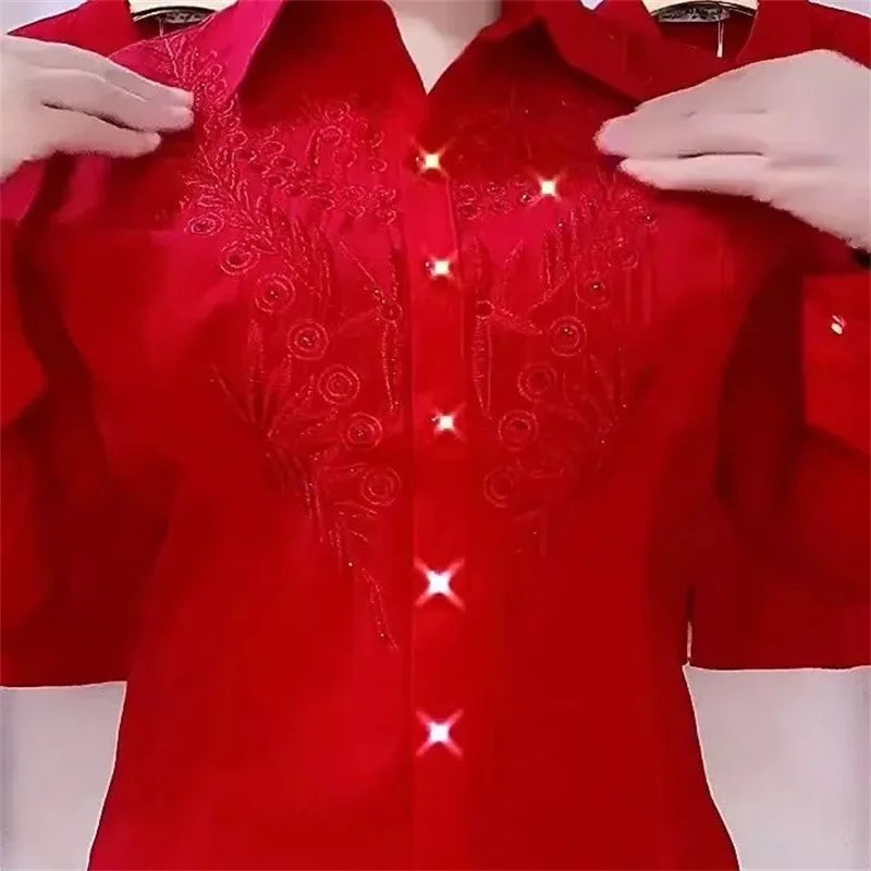 Elegance Stitch Rhinestone Shirt – Chic White, Red & Blue Women's Blouse