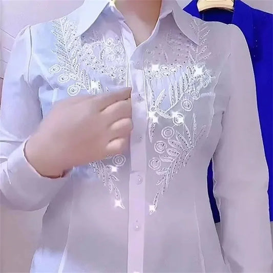 Elegance Stitch Rhinestone Shirt – Chic White, Red & Blue Women's Blouse