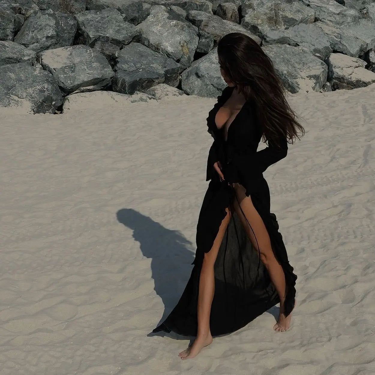 Sunkissed Elegance Chiffon Beach Dress – Black & White Summer Style