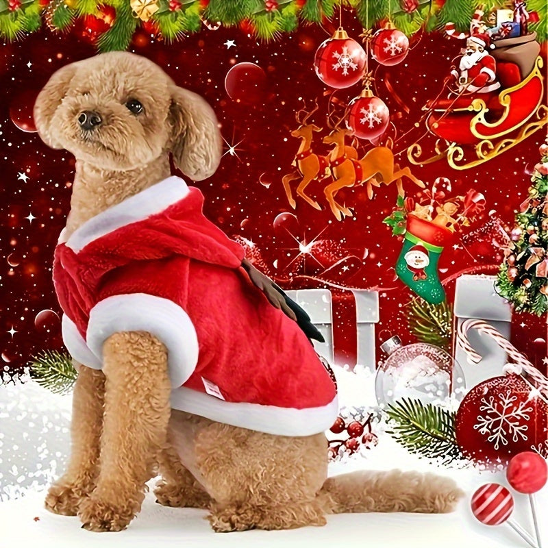 Christmas Dog Hoodie with Antlers – Santa Hat Pet Costume for Small Breeds – Warm Winter Knit Dress