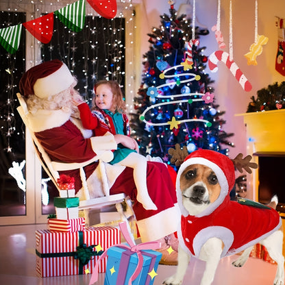 Christmas Dog Hoodie with Antlers – Santa Hat Pet Costume for Small Breeds – Warm Winter Knit Dress