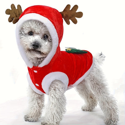 Christmas Dog Hoodie with Antlers – Santa Hat Pet Costume for Small Breeds – Warm Winter Knit Dress