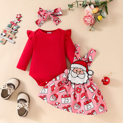 3-Piece Christmas Outfit Set For Baby Girls, 0-1 Year Old, Long Sleeve Romper With Hood, Bib, And Sash, Soft Fabric, Adorable Holiday Dressing, Outdoor Cloth