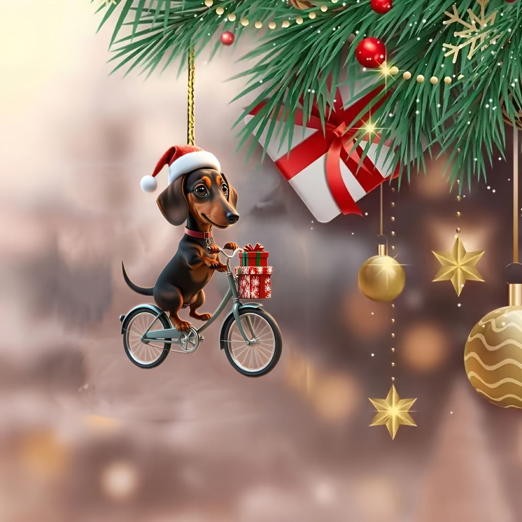 Acrylic Dachshund Dog Christmas Ornament: 2D Flat Cycling Puppy Decorative Hanging Pendant for Home, Festive Party Favor Gift