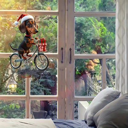 Acrylic Dachshund Dog Christmas Ornament: 2D Flat Cycling Puppy Decorative Hanging Pendant for Home, Festive Party Favor Gift