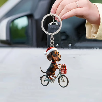 Acrylic Dachshund Dog Christmas Ornament: 2D Flat Cycling Puppy Decorative Hanging Pendant for Home, Festive Party Favor Gift