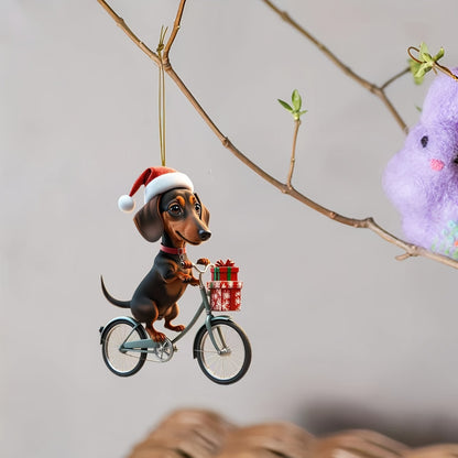 Acrylic Dachshund Dog Christmas Ornament: 2D Flat Cycling Puppy Decorative Hanging Pendant for Home, Festive Party Favor Gift