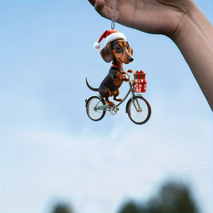 Acrylic Dachshund Dog Christmas Ornament: 2D Flat Cycling Puppy Decorative Hanging Pendant for Home, Festive Party Favor Gift