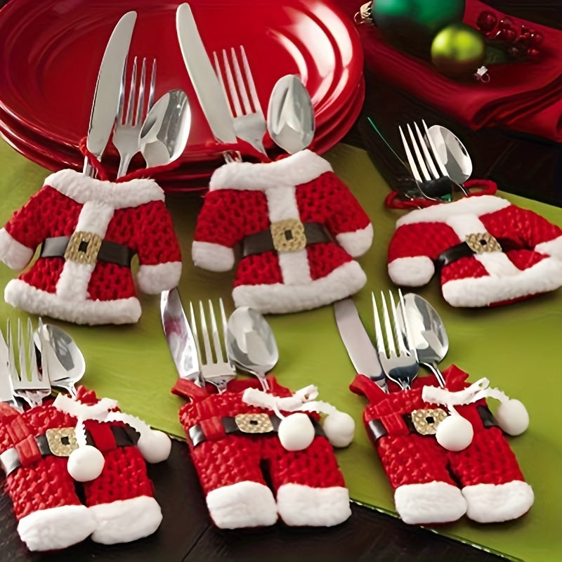 Christmas Santa Suit Utensil Holders – 6-Piece Canvas Silverware Organizer Set for Holiday Dining