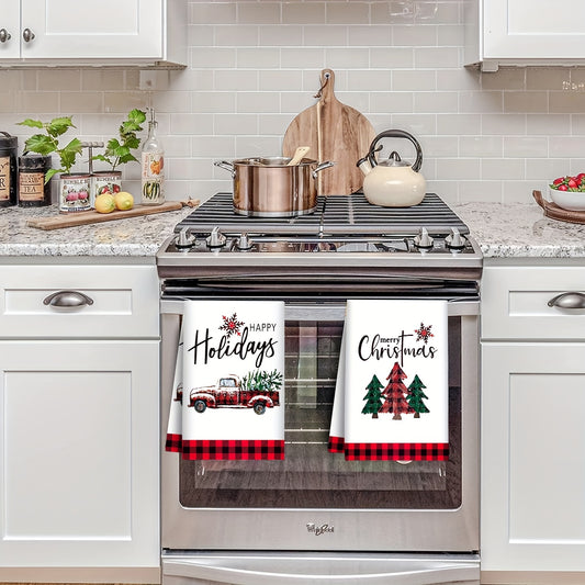 Ultra-Soft Christmas Truck & Tree Kitchen Towel Set - 2pcs, Machine Washable, Perfect for Holiday Decor, 18x27.55 inches, Christmas Decorations