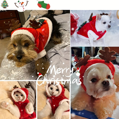 Christmas Dog Hoodie with Antlers – Santa Hat Pet Costume for Small Breeds – Warm Winter Knit Dress