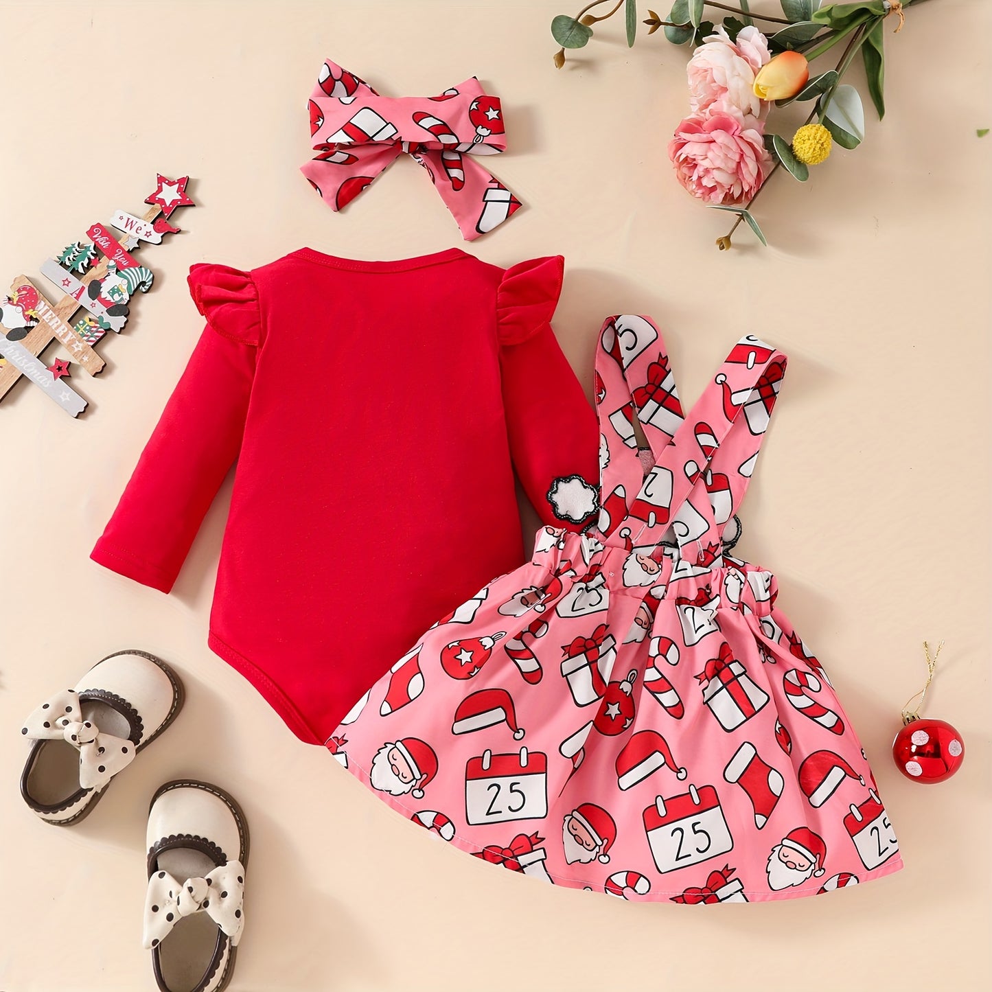 3-Piece Christmas Outfit Set For Baby Girls, 0-1 Year Old, Long Sleeve Romper With Hood, Bib, And Sash, Soft Fabric, Adorable Holiday Dressing, Outdoor Cloth