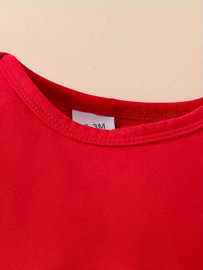 3-Piece Christmas Outfit Set For Baby Girls, 0-1 Year Old, Long Sleeve Romper With Hood, Bib, And Sash, Soft Fabric, Adorable Holiday Dressing, Outdoor Cloth