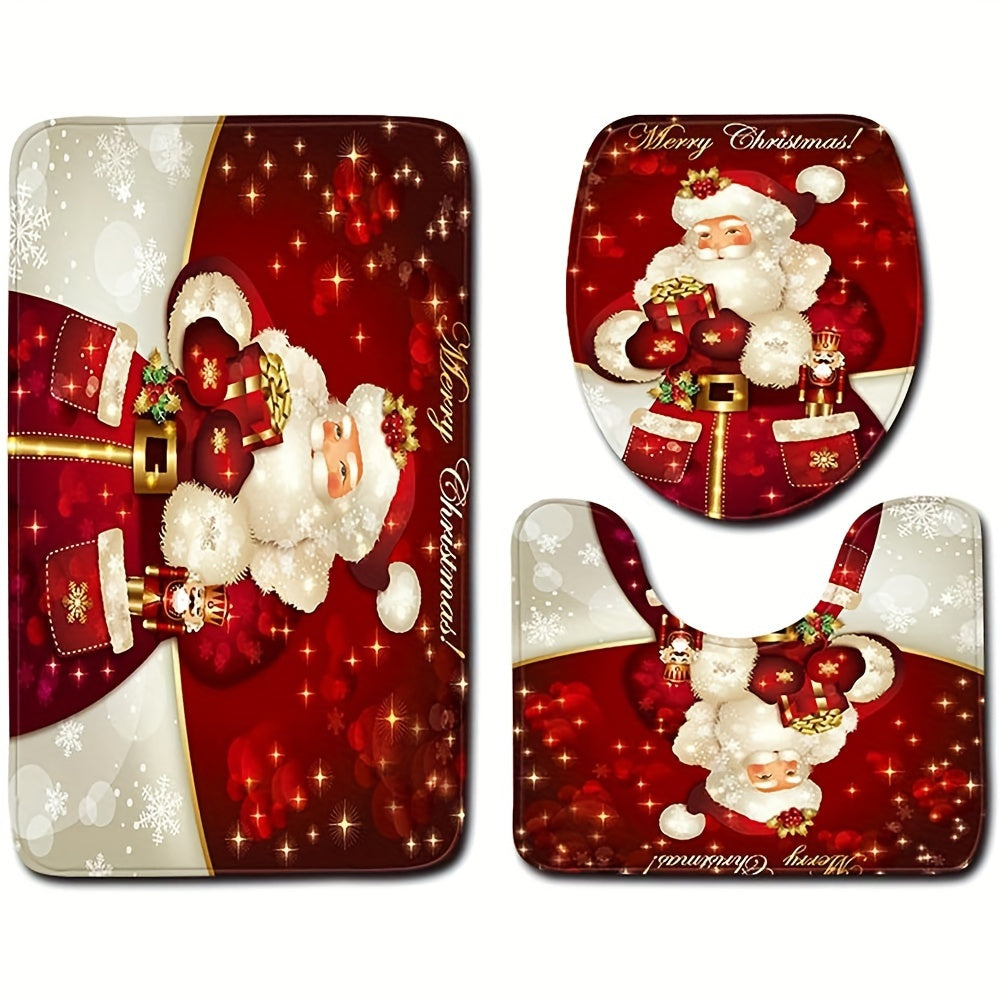 Santa Claus 3pcs Christmas Bathroom Set: Non-Slip U-Shaped Toilet Mat, Lid Cover & Rug - Ultra-Soft Microfiber, Christmas/Halloween Gift Decoration