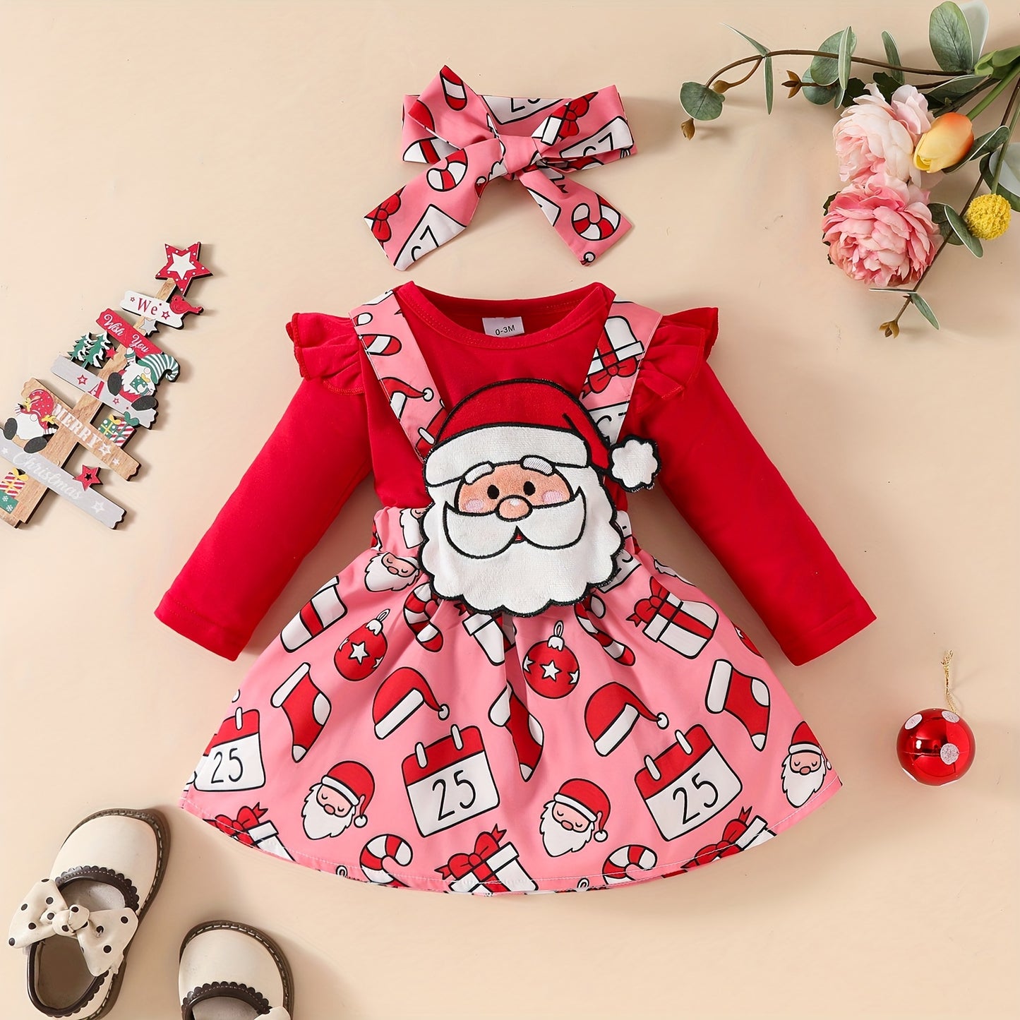 3-Piece Christmas Outfit Set For Baby Girls, 0-1 Year Old, Long Sleeve Romper With Hood, Bib, And Sash, Soft Fabric, Adorable Holiday Dressing, Outdoor Cloth