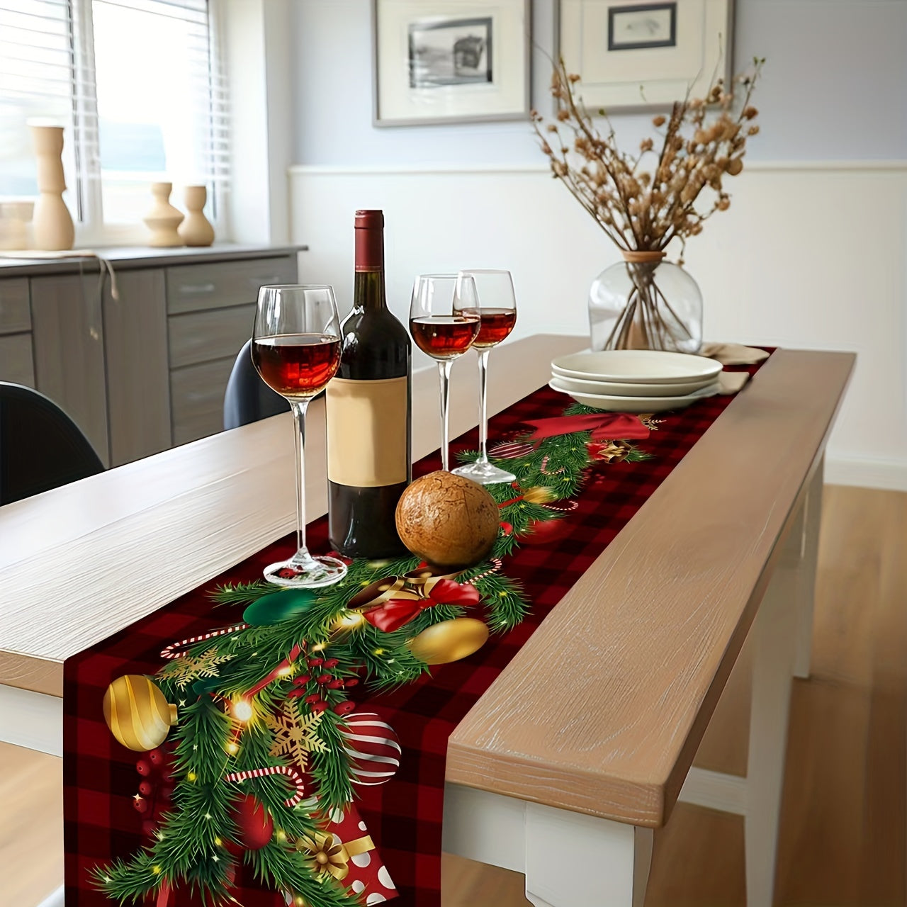 Christmas Table Runner in Red & Black Buffalo Plaid – 72"x13" Linen Sateen Finish – Perfect for Holiday Gatherings