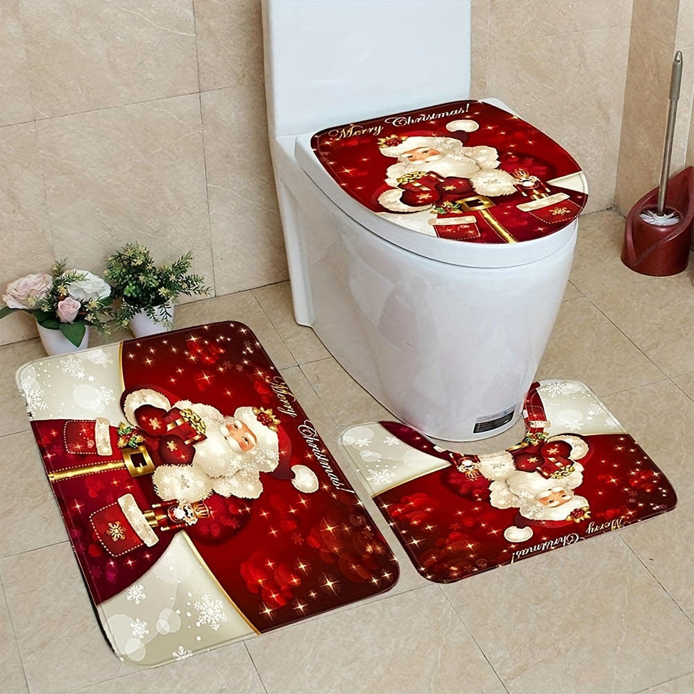 Santa Claus 3pcs Christmas Bathroom Set: Non-Slip U-Shaped Toilet Mat, Lid Cover & Rug - Ultra-Soft Microfiber, Christmas/Halloween Gift Decoration