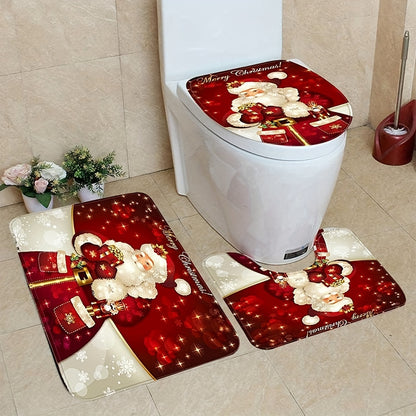Santa Claus 3pcs Christmas Bathroom Set: Non-Slip U-Shaped Toilet Mat, Lid Cover & Rug - Ultra-Soft Microfiber, Christmas/Halloween Gift Decoration