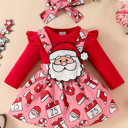 3-Piece Christmas Outfit Set For Baby Girls, 0-1 Year Old, Long Sleeve Romper With Hood, Bib, And Sash, Soft Fabric, Adorable Holiday Dressing, Outdoor Cloth