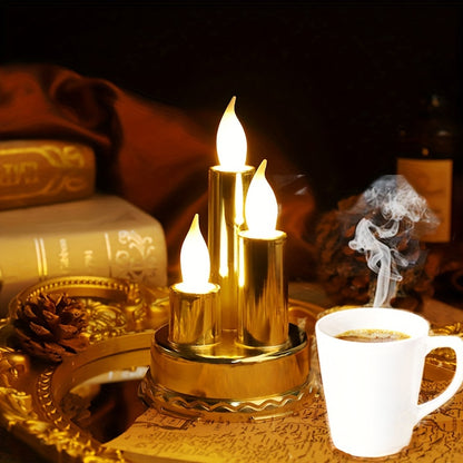 3pcs Flameless Golden Electronic Candles, Halloween/Christmas Holiday Decoration Candles, Suitable For Festivals, Parties, Camping, Wedding, Home Decoration And Other Occasions Decoration