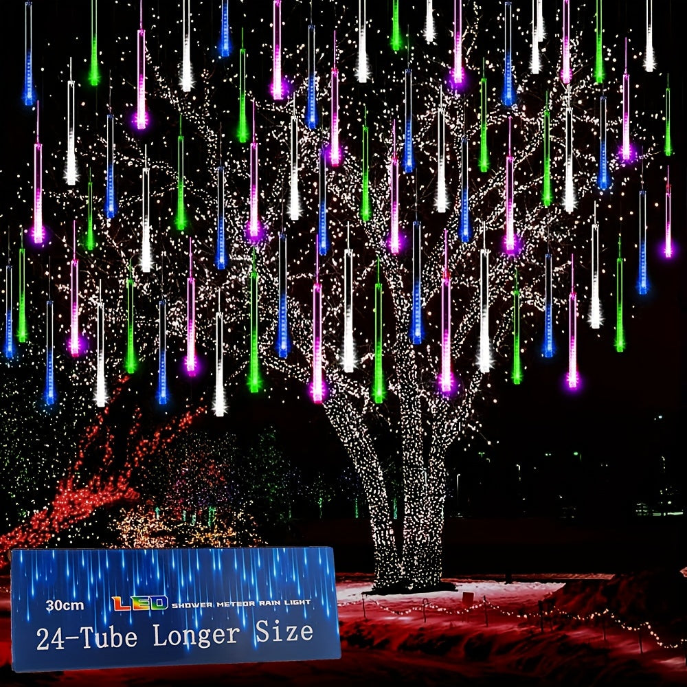 Christmas Lights Outdoor, 24 Tubes(Equivalent To 3 Sets Of 8-Tubes) Meteor Shower Lights Snow Falling Icicle Lights For Xmas Tree Halloween Decoration Wedding Party Window, UL Plug, White