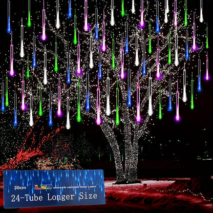 Christmas Lights Outdoor, 24 Tubes(Equivalent To 3 Sets Of 8-Tubes) Meteor Shower Lights Snow Falling Icicle Lights For Xmas Tree Halloween Decoration Wedding Party Window, UL Plug, White