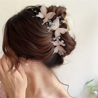 Elegant Butterfly Hair Claw with Rhinestones & Beads - Y2K Inspired, Large Fairy-Style Shark Clip for Women - Perfect for Weddings, Christmas & New Year Gifts