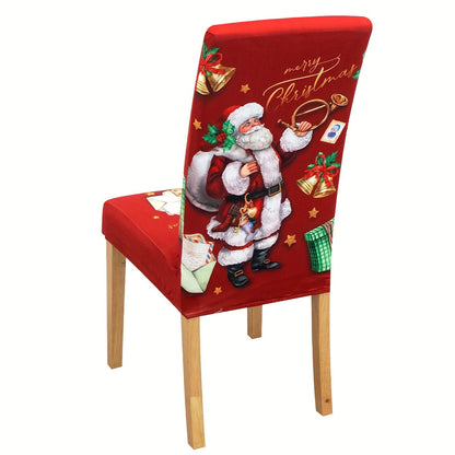 4/5/6 pcs Festive Red Santa Claus Print Christmas Chair Covers with Gift Bells - Elastic Band Closure, Machine Washable, and Durable - Perfect for Dining Chairs, Home Decor, and Holiday Season Celebrations
