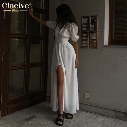 Elegant Essence White V-Neck Midi Dress – Chic Summer Party Style