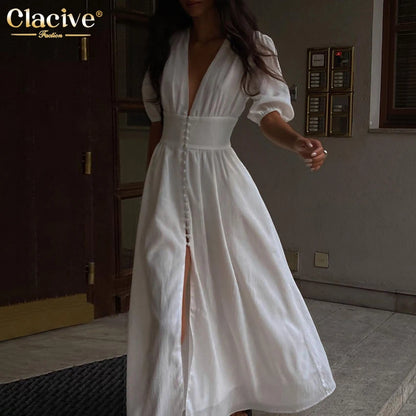 Elegant Essence White V-Neck Midi Dress – Chic Summer Party Style