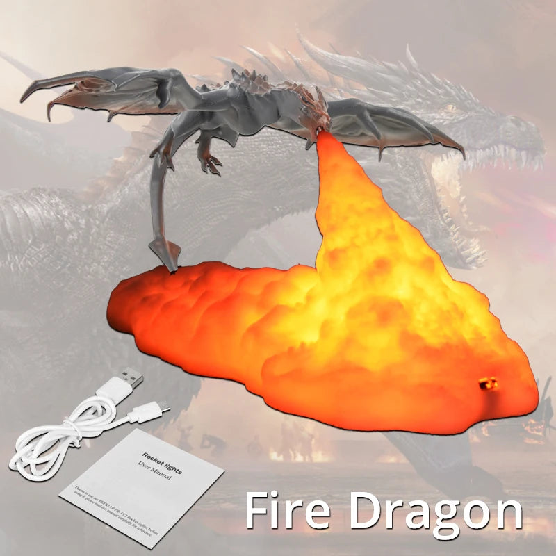 Lámpara LED 3D de dragón de fuego y hielo: decoración de habitación mítica, recargable