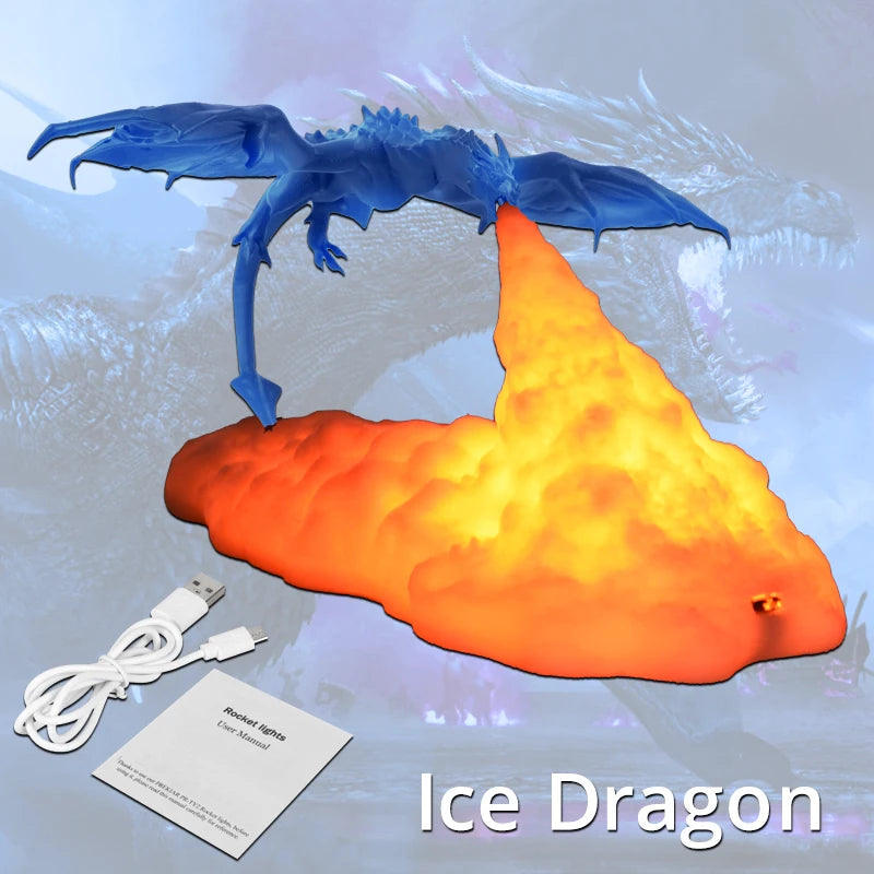Lámpara LED 3D de dragón de fuego y hielo: decoración de habitación mítica, recargable