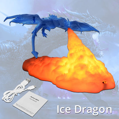 Lámpara LED 3D de dragón de fuego y hielo: decoración de habitación mítica, recargable