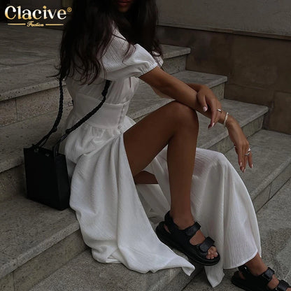 Elegant Essence White V-Neck Midi Dress – Chic Summer Party Style