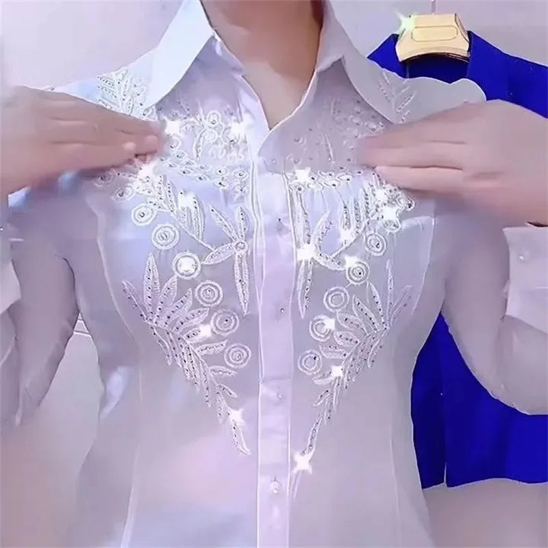 Elegance Stitch Rhinestone Shirt – Chic White, Red & Blue Women's Blouse