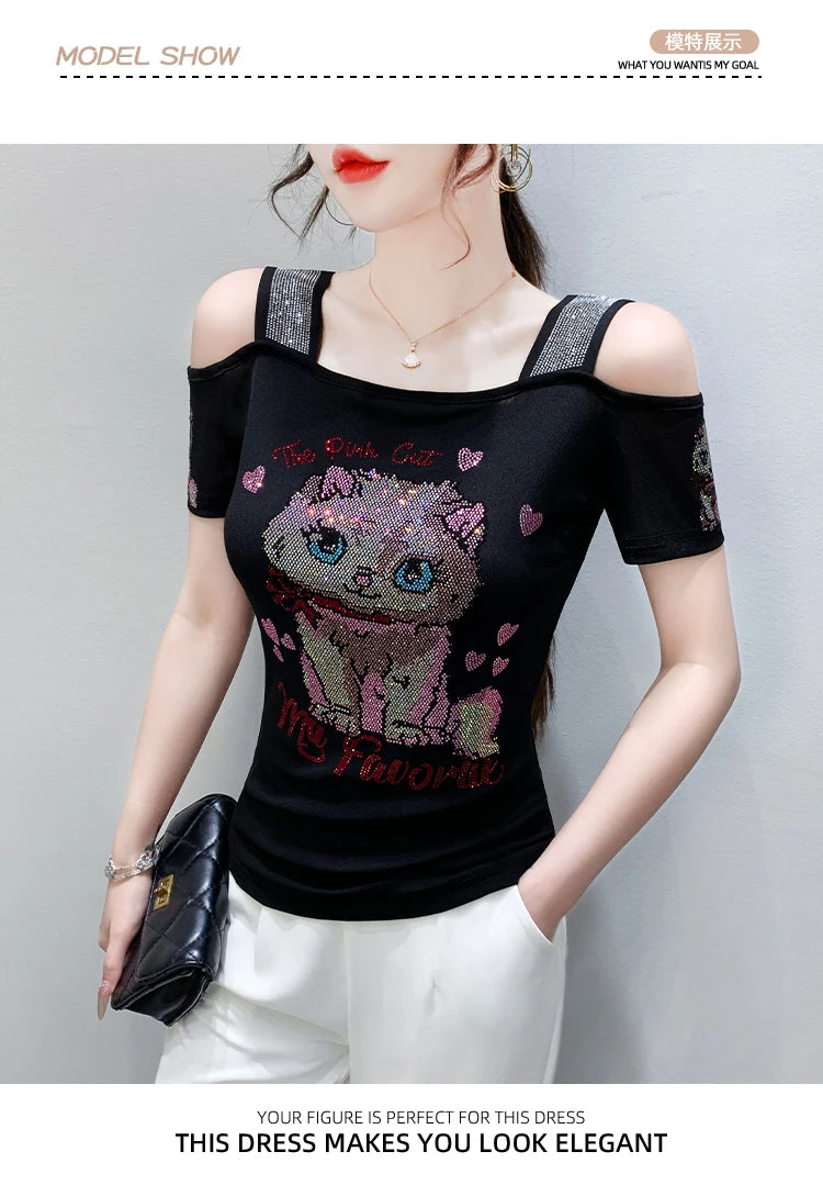 Shiny Cartoon Mesh Off-Shoulder Tee – Summer Sparkle Women’s Top