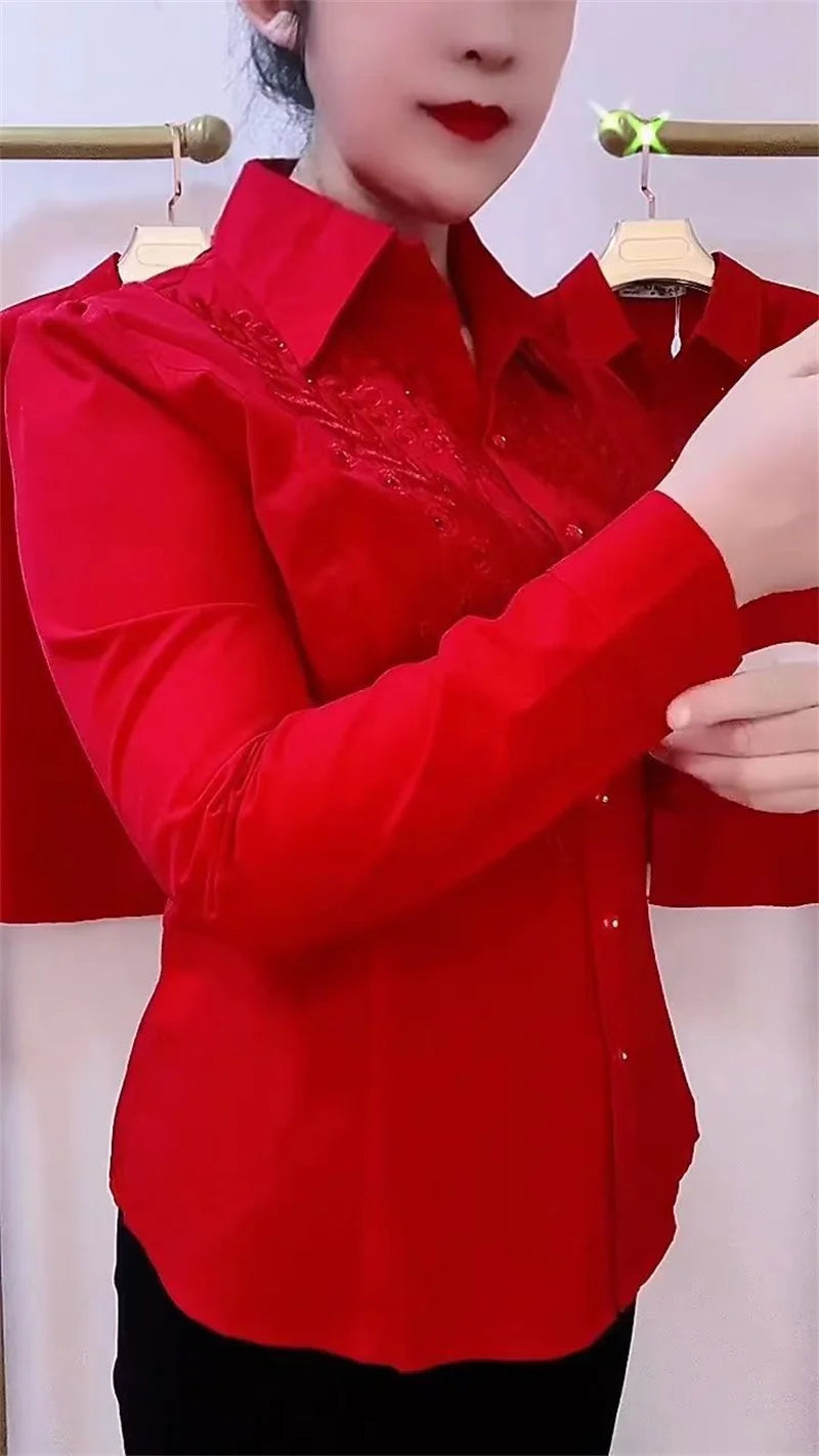 Elegance Stitch Rhinestone Shirt – Chic White, Red & Blue Women's Blouse