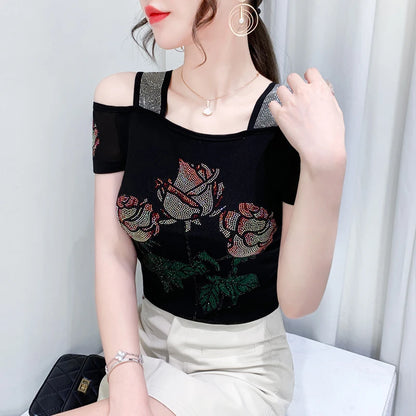 Shiny Cartoon Mesh Off-Shoulder Tee – Summer Sparkle Women’s Top