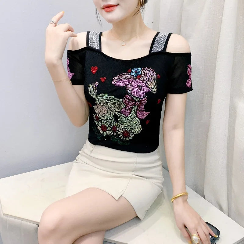 Shiny Cartoon Mesh Off-Shoulder Tee – Summer Sparkle Women’s Top