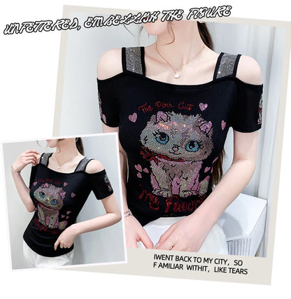 Shiny Cartoon Mesh Off-Shoulder Tee – Summer Sparkle Women’s Top