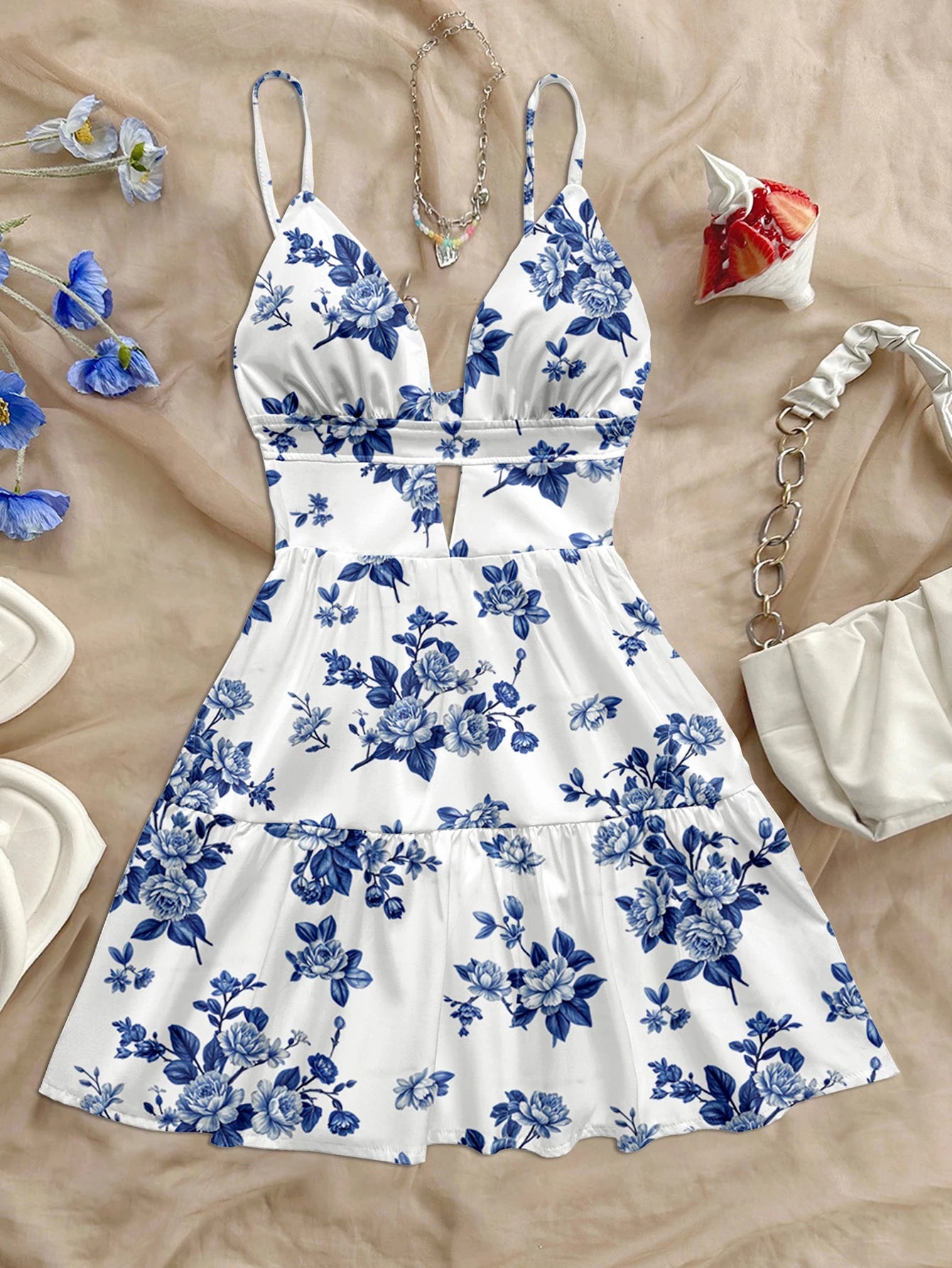 Azure Paradise Short Dress – Boho Floral Holiday Look