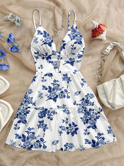 Azure Paradise Short Dress – Boho Floral Holiday Look