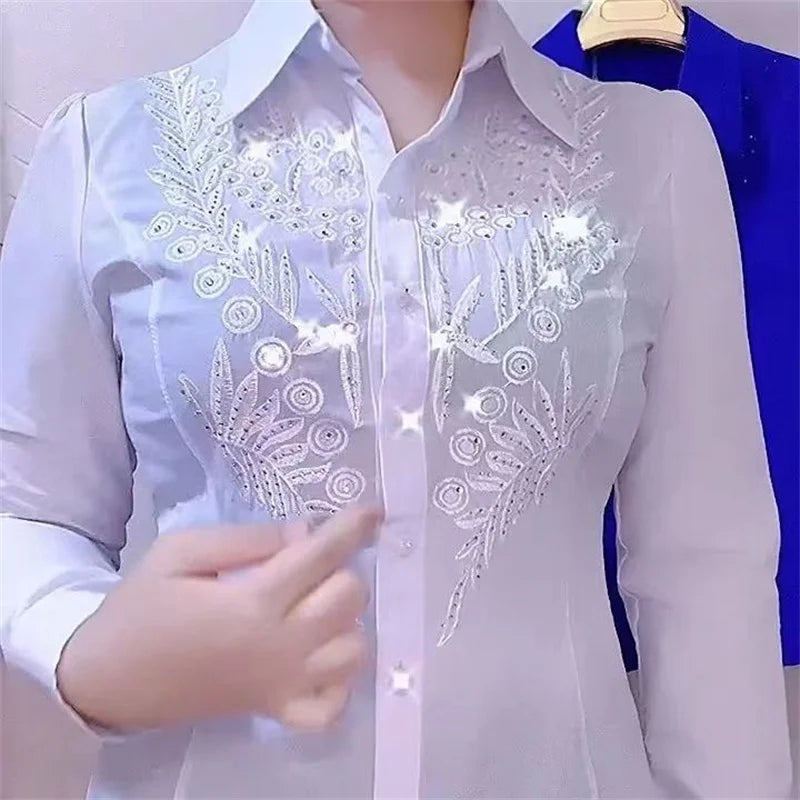 Elegance Stitch Rhinestone Shirt – Chic White, Red & Blue Women's Blouse