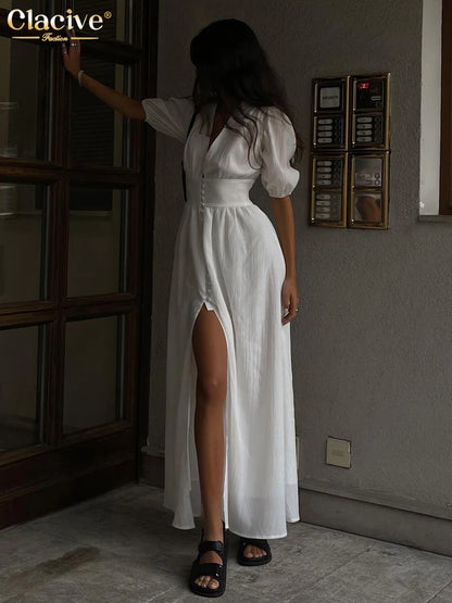 Elegant Essence White V-Neck Midi Dress – Chic Summer Party Style