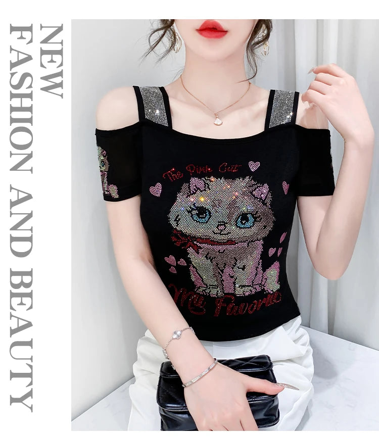 Shiny Cartoon Mesh Off-Shoulder Tee – Summer Sparkle Women’s Top