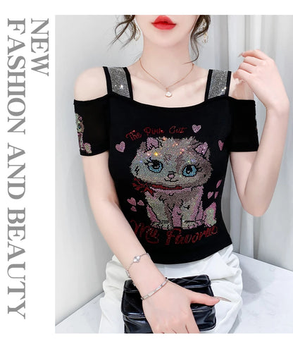 Shiny Cartoon Mesh Off-Shoulder Tee – Summer Sparkle Women’s Top