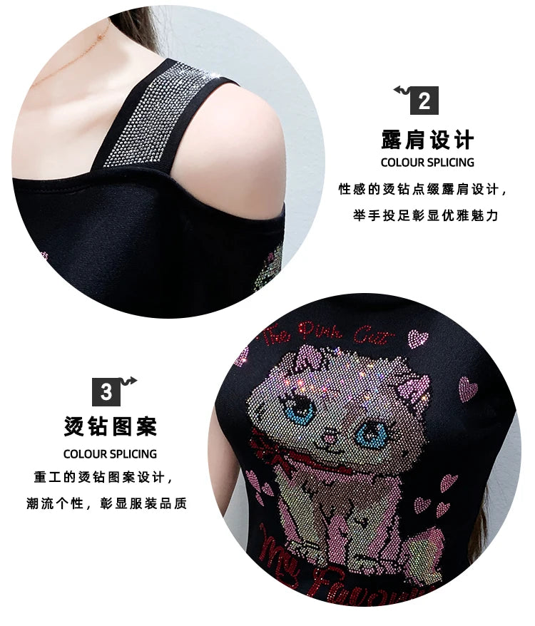 Shiny Cartoon Mesh Off-Shoulder Tee – Summer Sparkle Women’s Top