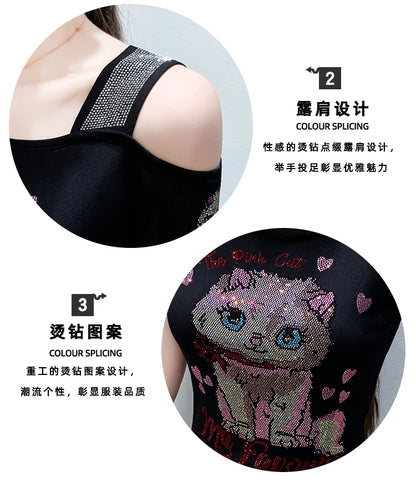 Shiny Cartoon Mesh Off-Shoulder Tee – Summer Sparkle Women’s Top