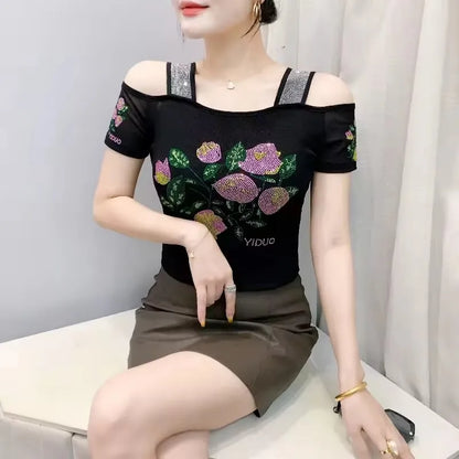 Shiny Cartoon Mesh Off-Shoulder Tee – Summer Sparkle Women’s Top